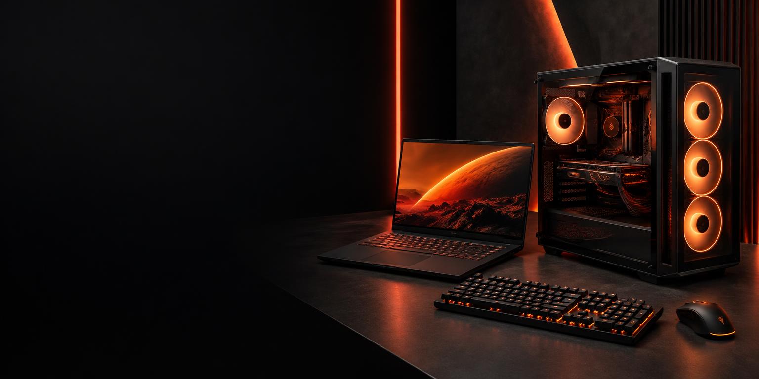 Gaming laptop and high-performance desktop with orange lighting